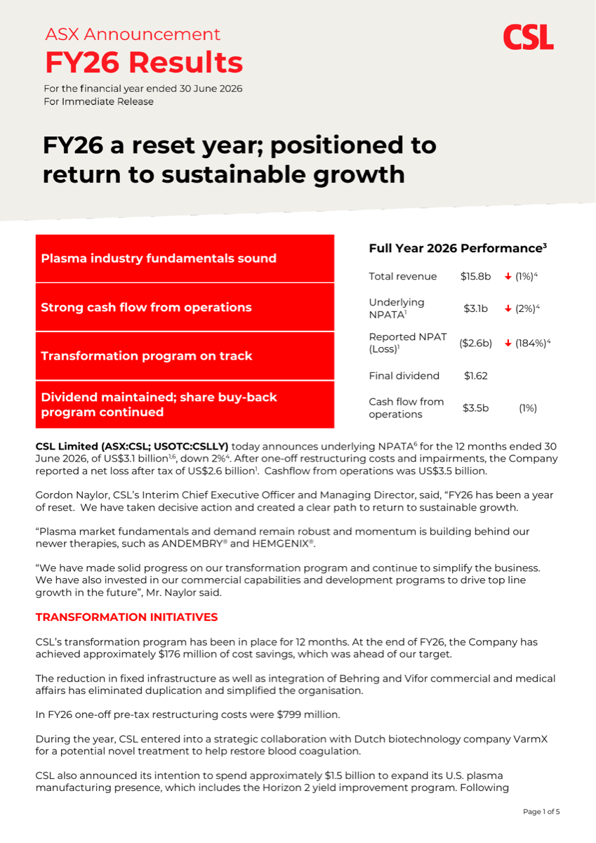 CSL FY26 results announcement, front page